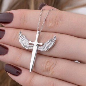 New 925 Sterling Silver Angel Wings Sword Necklace